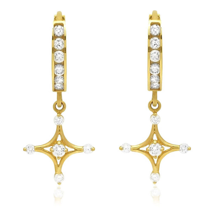 14K Yellow Gold Channel Set White Zirconia Dangle Cross Huggie Hoop Earrings