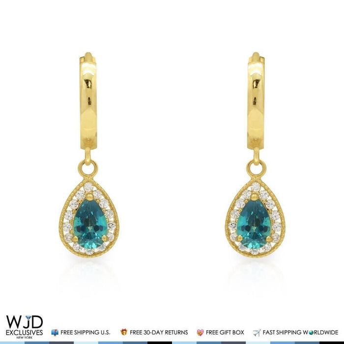 0.80Ct CZ Blue Topaz Huggie Hoop Dangle Earrings 14K Yellow Gold