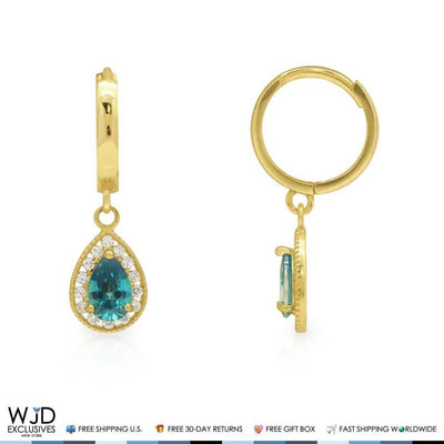 0.80Ct CZ Blue Topaz Huggie Hoop Dangle Earrings 14K Yellow Gold