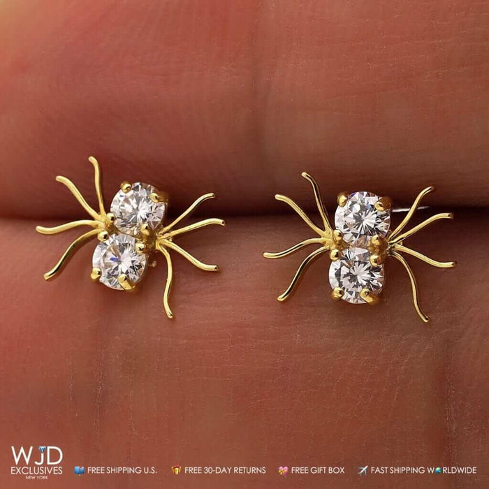 0.80Ct CZ Small Spider Stud Earrings 14k Yellow Gold 0.3"