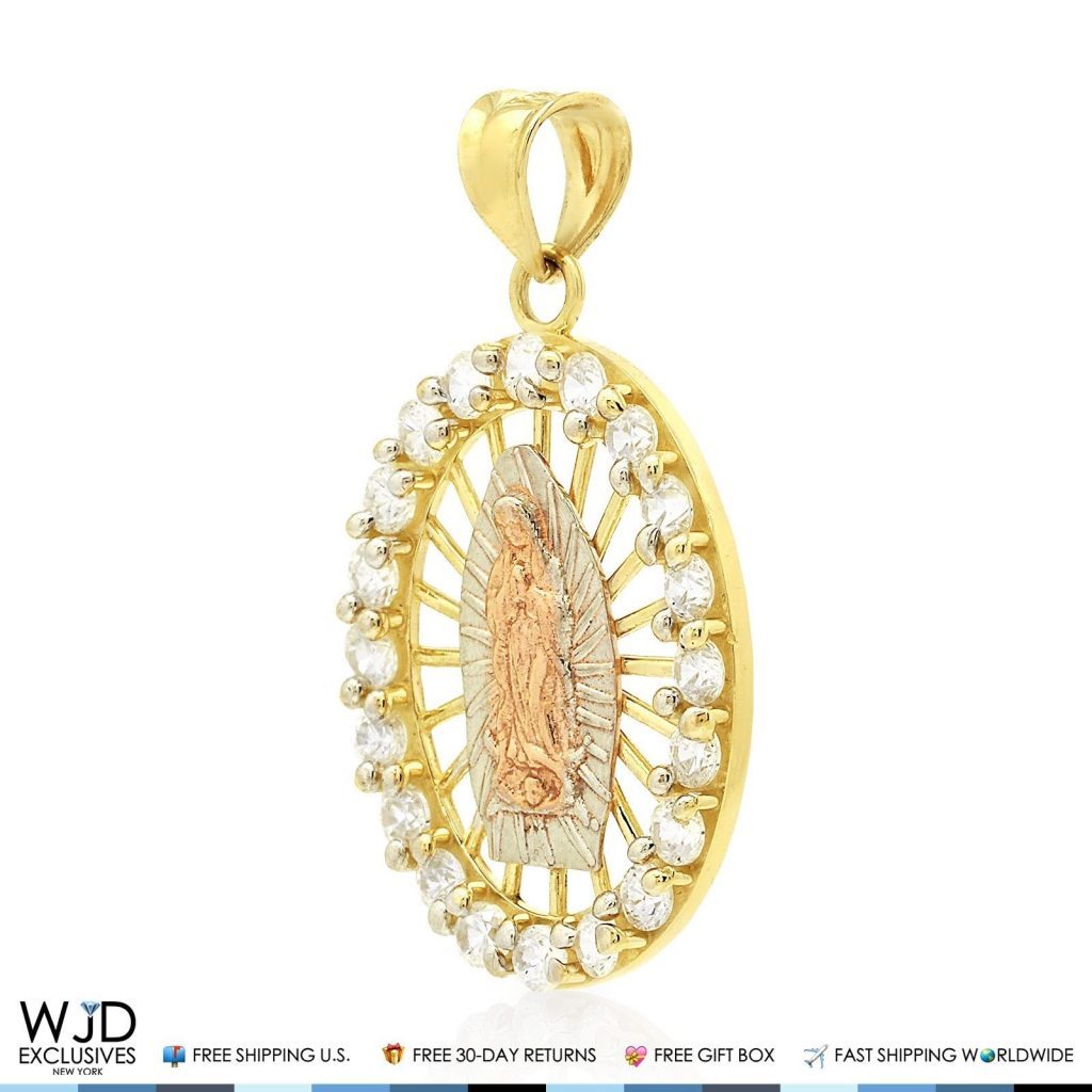 0.80Ct Created Diamond Tri-Color Virgin Mary Medal Charm Pendant 14K Yellow Gold
