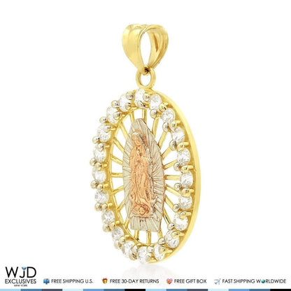 0.80Ct Created Diamond Tri-Color Virgin Mary Medal Charm Pendant 14K Yellow Gold
