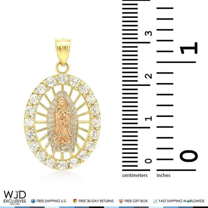 0.80Ct Created Diamond Tri-Color Virgin Mary Medal Charm Pendant 14K Yellow Gold