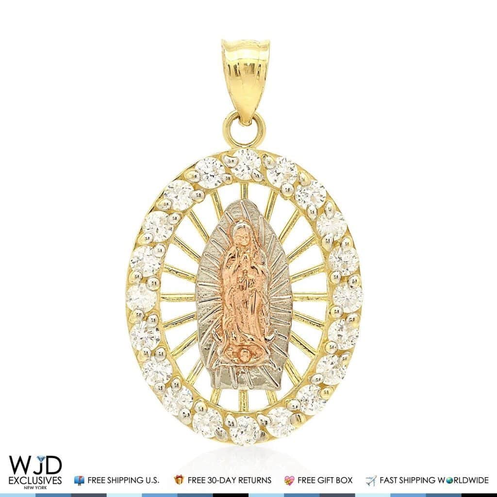0.80Ct Created Diamond Tri-Color Virgin Mary Medal Charm Pendant 14K Yellow Gold
