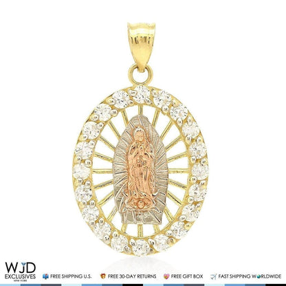 0.80Ct Created Diamond Tri-Color Virgin Mary Medal Charm Pendant 14K Yellow Gold
