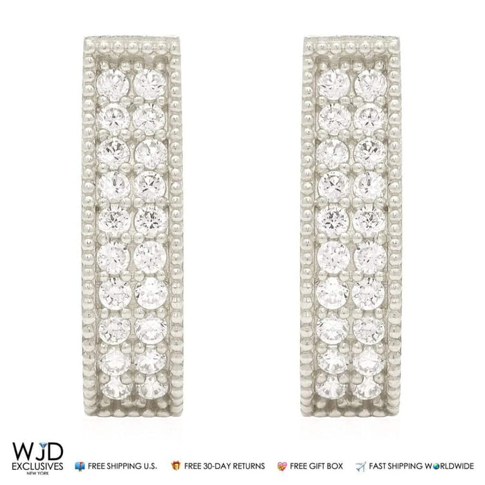 0.80Ct Double-Row CZ Huggie Hoop Earrings 14K White Gold 0.7"