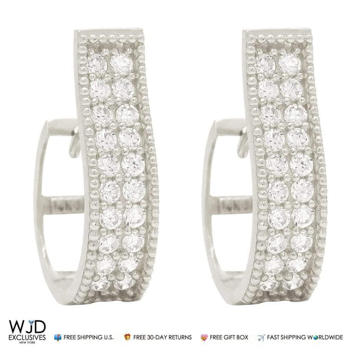 0.80Ct Double-Row CZ Huggie Hoop Earrings 14K White Gold 0.7"