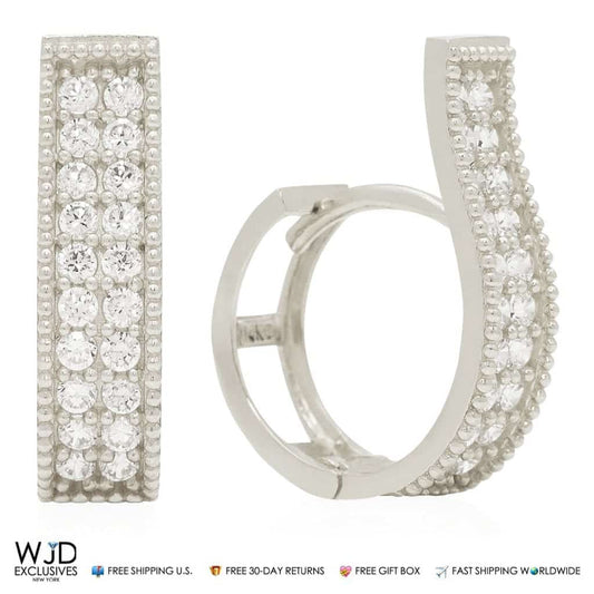 0.80Ct Double-Row CZ Huggie Hoop Earrings 14K White Gold 0.7"