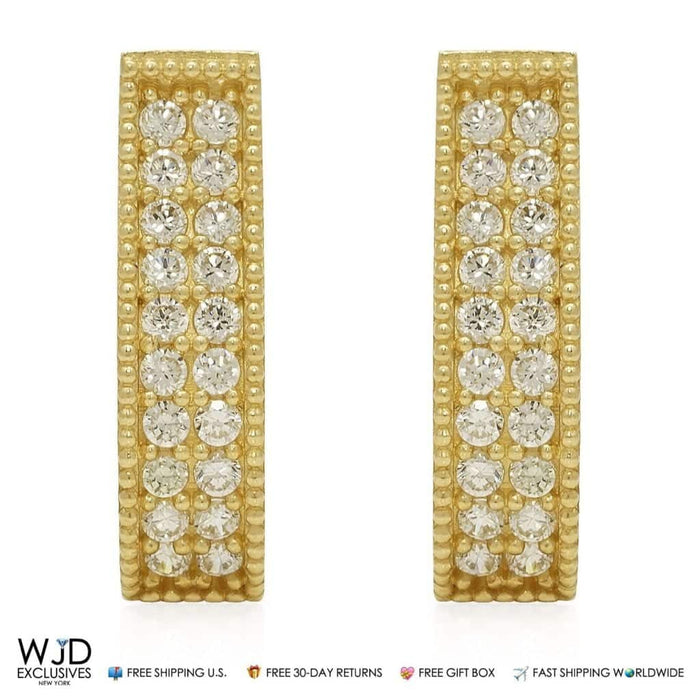 14K Yellow Gold Double-Row CZ Huggie Hoop Wavy Earrings