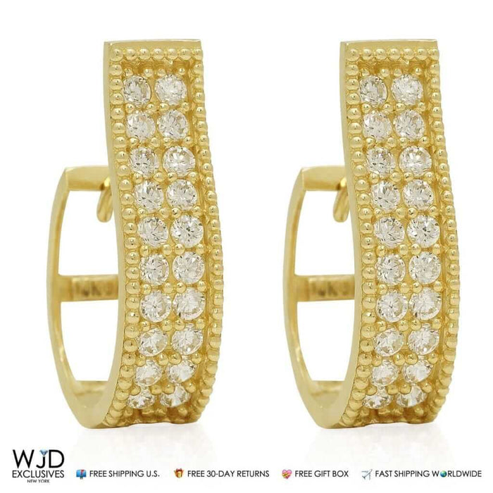 14K Yellow Gold Double-Row CZ Huggie Hoop Wavy Earrings