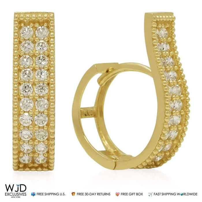 14K Yellow Gold Double-Row CZ Huggie Hoop Wavy Earrings