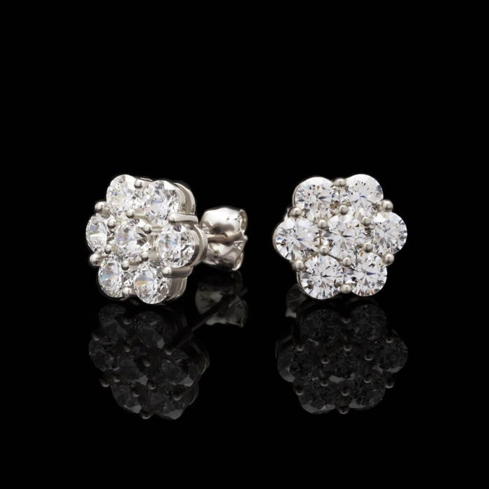 14K White Gold 0.80Ct Round CZ Flower Cluster Stud Earrings 6mm