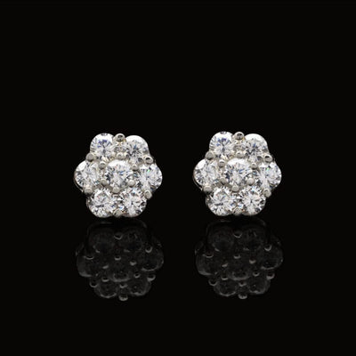 14K White Gold 0.80Ct Round CZ Flower Cluster Stud Earrings 6mm