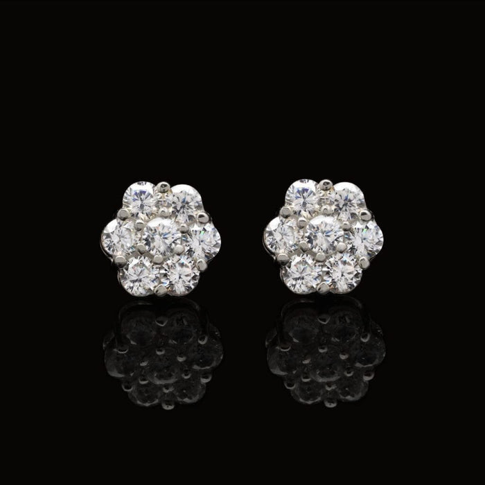 14K White Gold 0.80Ct Round CZ Flower Cluster Stud Earrings 6mm