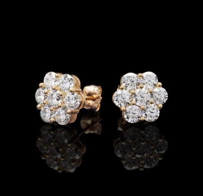 Real 14K Gold 0.80CTW Round CZ Flower Cluster Stud Earrings 6mm