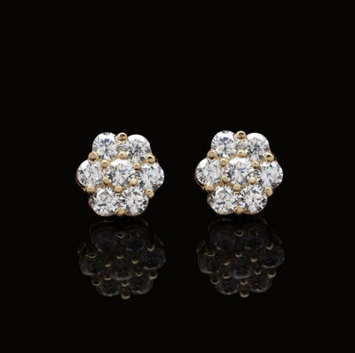 Real 14K Gold 0.80CTW Round CZ Flower Cluster Stud Earrings 6mm