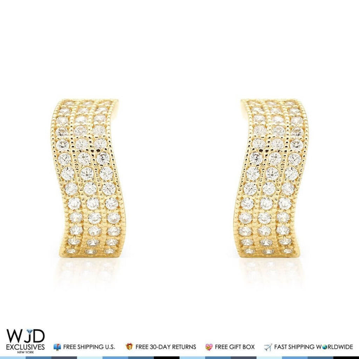0.80Ct Triple-Row CZ Huggie Hoop Wavy Earrings 14K Gold 0.5"