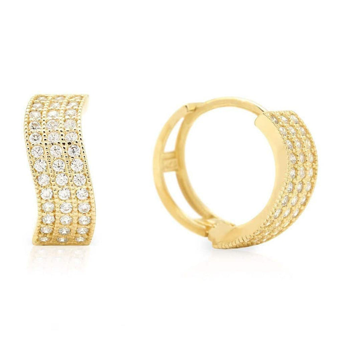 0.80Ct Triple-Row CZ Huggie Hoop Wavy Earrings 14K Gold 0.5"