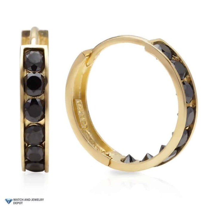 14k Yellow Gold 0.8Ct Black CZ Huggie Hoop Earrings 0.5"