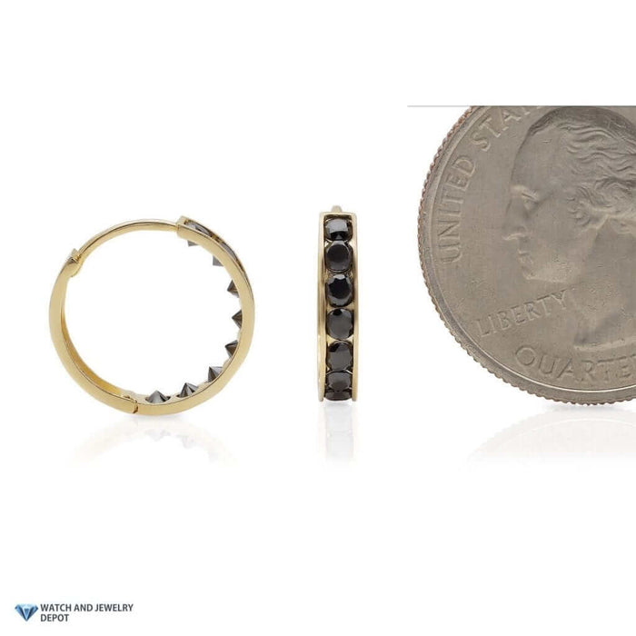 14k Yellow Gold 0.8Ct Black CZ Huggie Hoop Earrings 0.5"