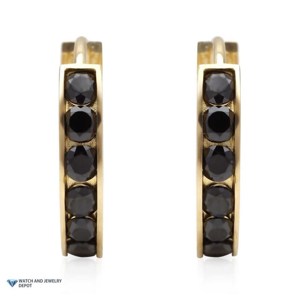 14k Yellow Gold 0.8Ct Black CZ Huggie Hoop Earrings 0.5"