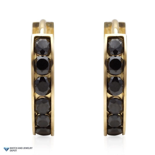 14k Yellow Gold 0.8Ct Black Created Diamond Huggie Hoop Earrings 0.5"