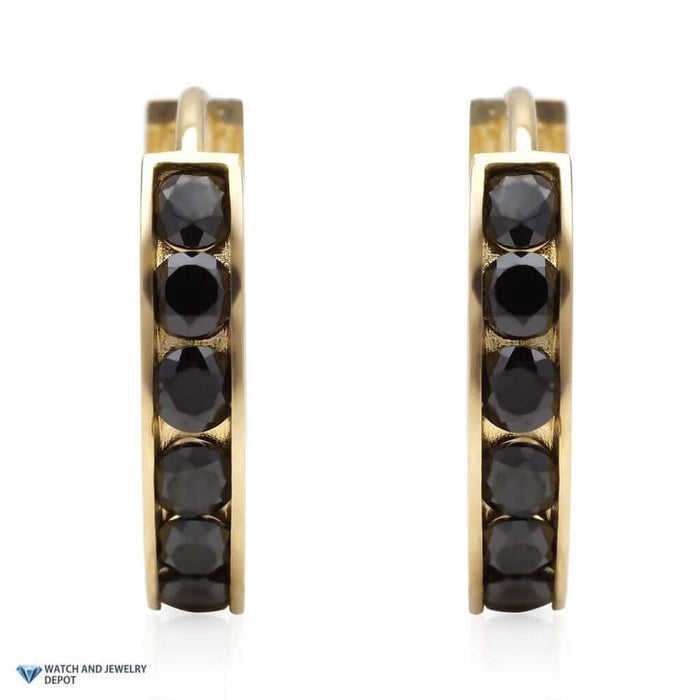 14k Yellow Gold 0.8Ct Black CZ Huggie Hoop Earrings 0.5"