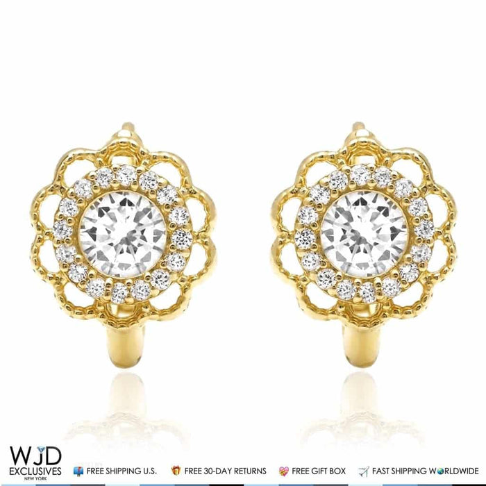 0.8Ct CZ Halo Flower Huggie Hoop Earrings 14K Yellow Gold 0.5"