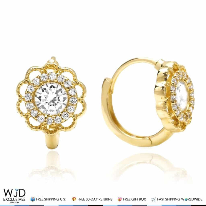 0.8Ct CZ Halo Flower Huggie Hoop Earrings 14K Yellow Gold 0.5"