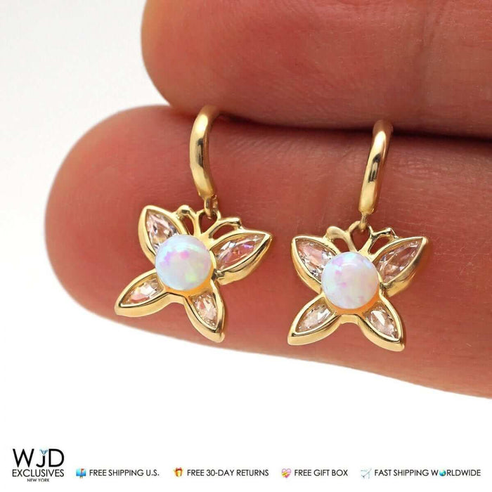 0.8Ct CZ Opal Butterfly Earrings 14K Yellow Gold