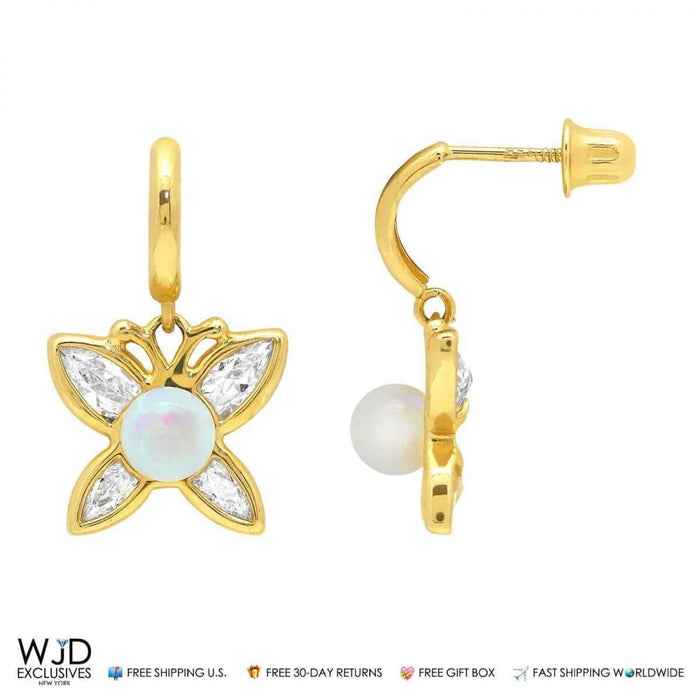 0.8Ct CZ Opal Butterfly Earrings 14K Yellow Gold