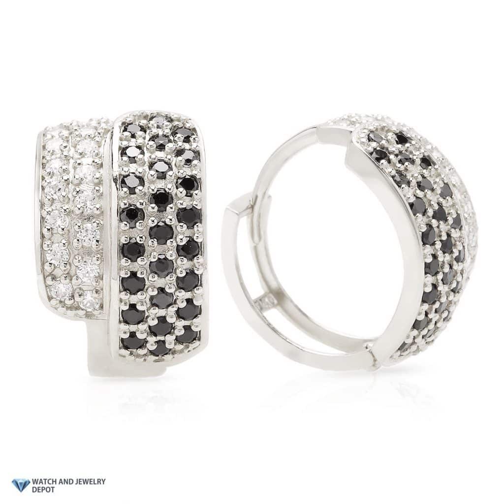 1CTW CZ White and Black 14K White Gold Wide Huggie Hoop Earrings