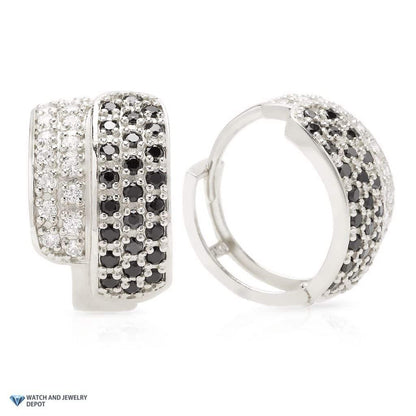 1CTW CZ White and Black 14K White Gold Wide Huggie Hoop Earrings