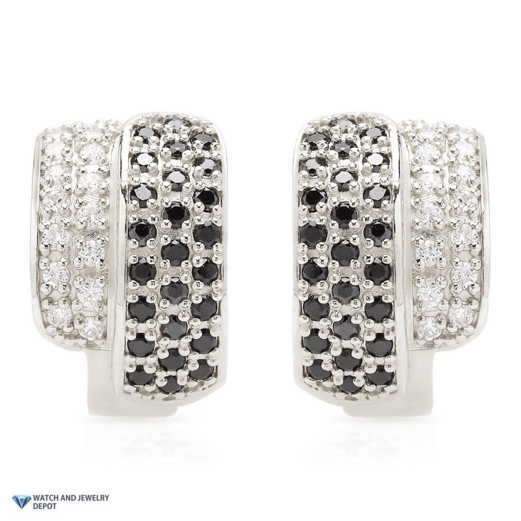 1CTW CZ White and Black 14K White Gold Wide Huggie Hoop Earrings