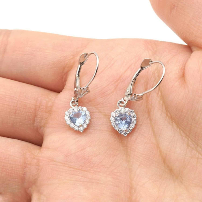 14K White Gold Halo Heart Birthstone Dangle Leverback Earrings