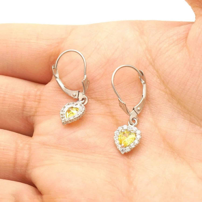 14K White Gold Halo Heart Birthstone Dangle Leverback Earrings