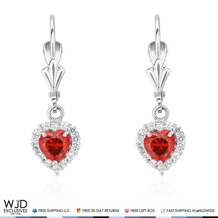 1Ct CZ & Garnet Heart Dangle Leverback Earrings 14K White Gold 1"