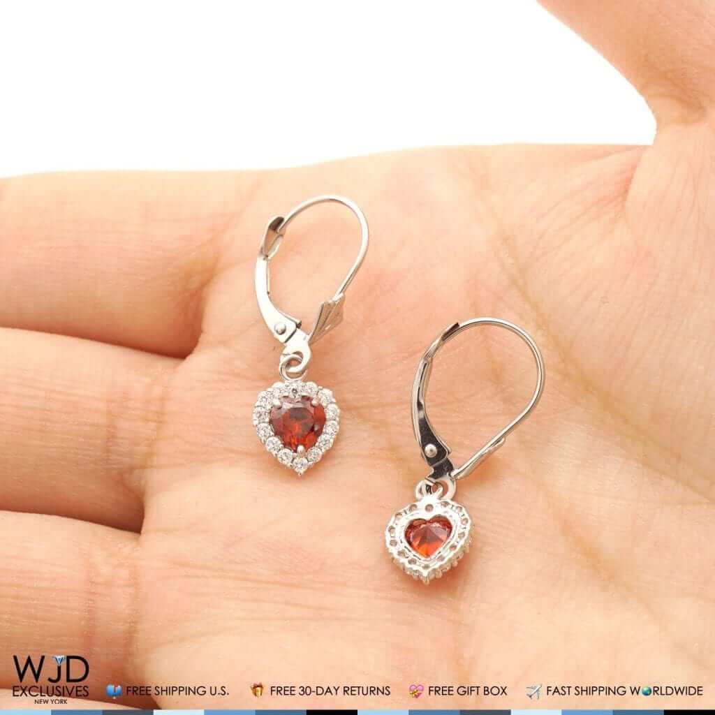 1Ct CZ & Garnet Heart Dangle Leverback Earrings 14K White Gold 1"