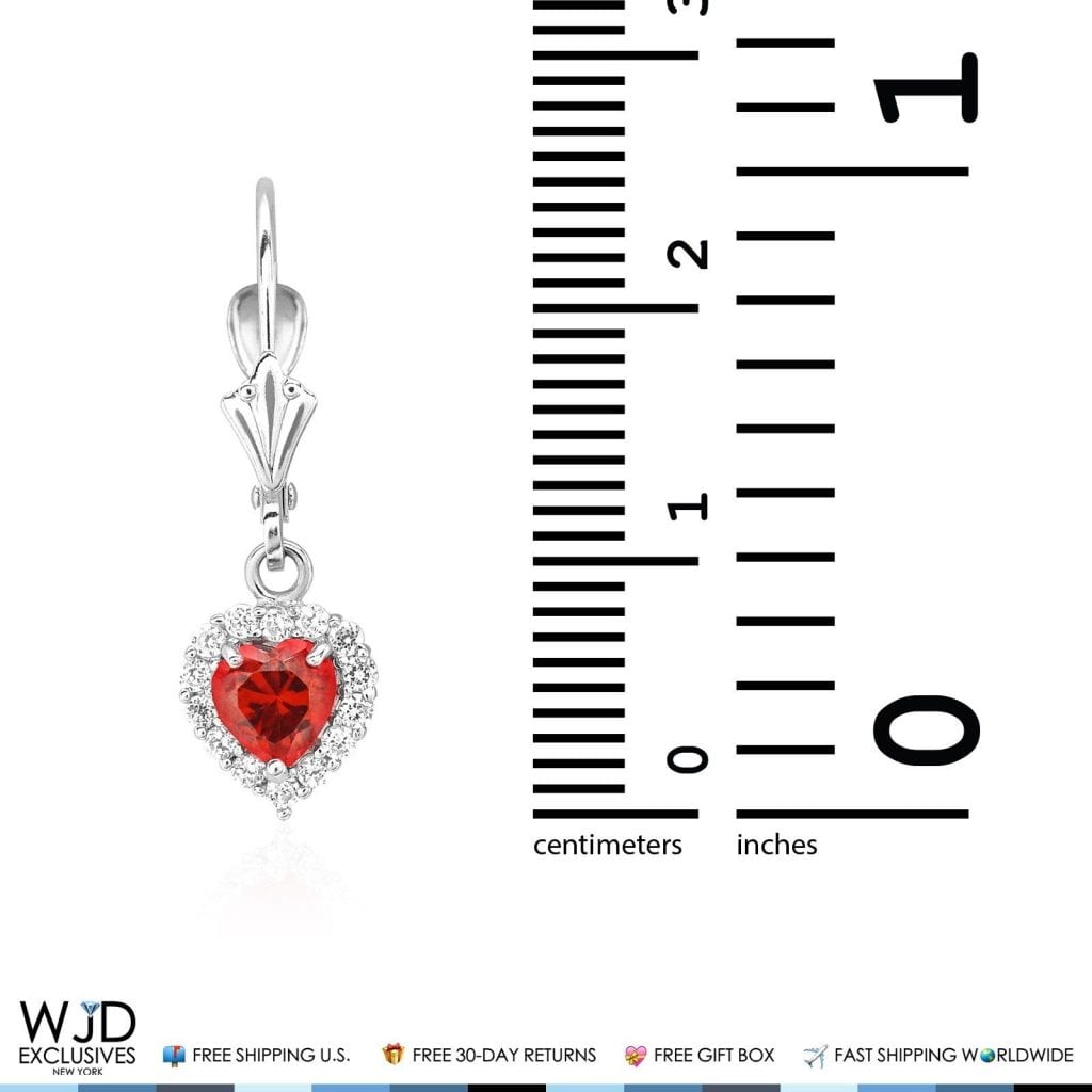 1Ct CZ & Garnet Heart Dangle Leverback Earrings 14K White Gold 1"