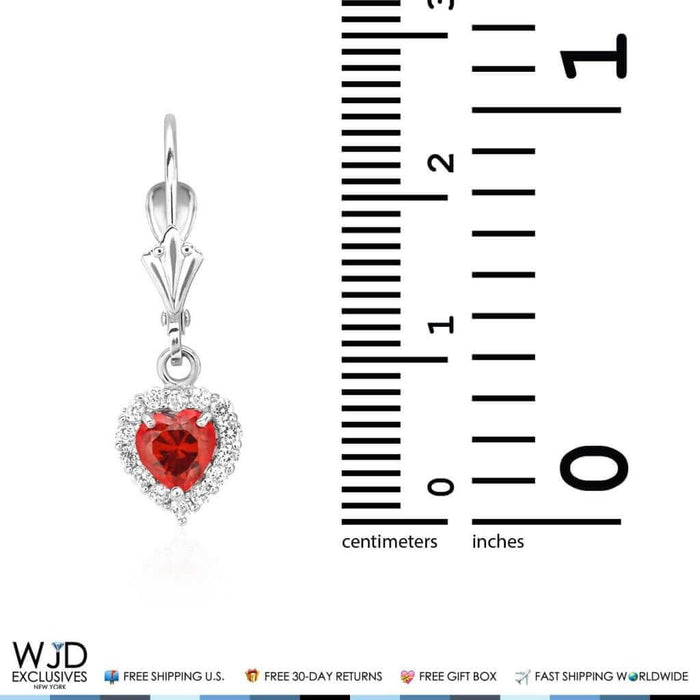 1Ct CZ & Garnet Heart Dangle Leverback Earrings 14K White Gold 1"