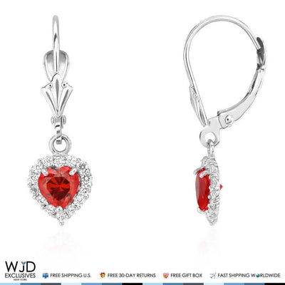 1Ct CZ & Garnet Heart Dangle Leverback Earrings 14K White Gold 1"