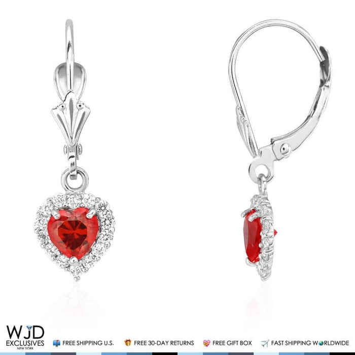 1Ct CZ & Garnet Heart Dangle Leverback Earrings 14K White Gold 1"
