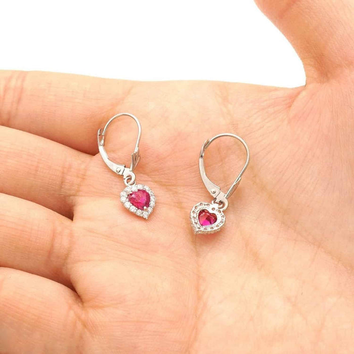 14K White Gold Halo Heart Birthstone Dangle Leverback Earrings