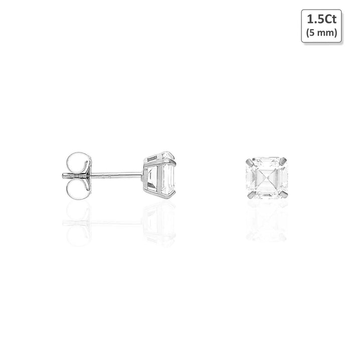 14K White Gold Asscher-Cut CZ Push Back Stud Earrings 1.5Ct-6Ct