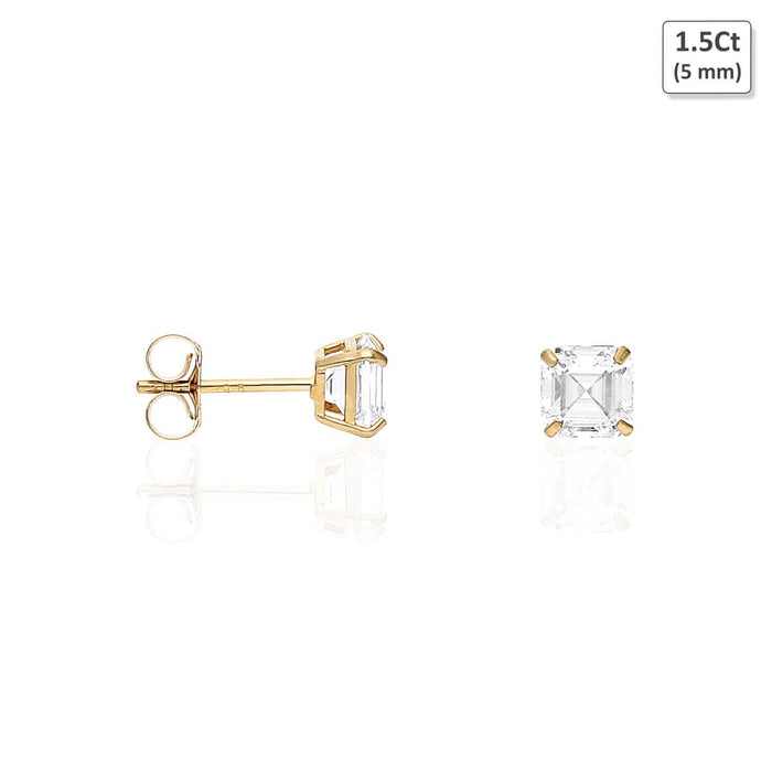 14K Yellow Gold Asscher-Cut CZ Push Back Stud Earrings 1.5Ct-6Ct