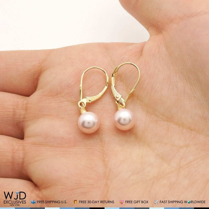 14K Yellow Gold 7mm Pink Pearl Leverback Dangle Earrings