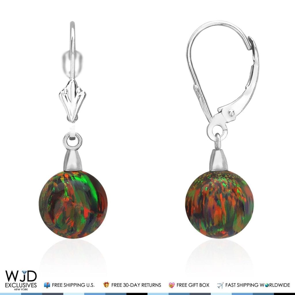 10 mm Ball Shaped Black Fire Opal Dangle Leverback Earrings 14K Solid White Gold