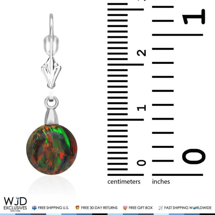 10mm Ball Shaped Black Fire Opal Dangle Leverback Earrings 14K White Gold