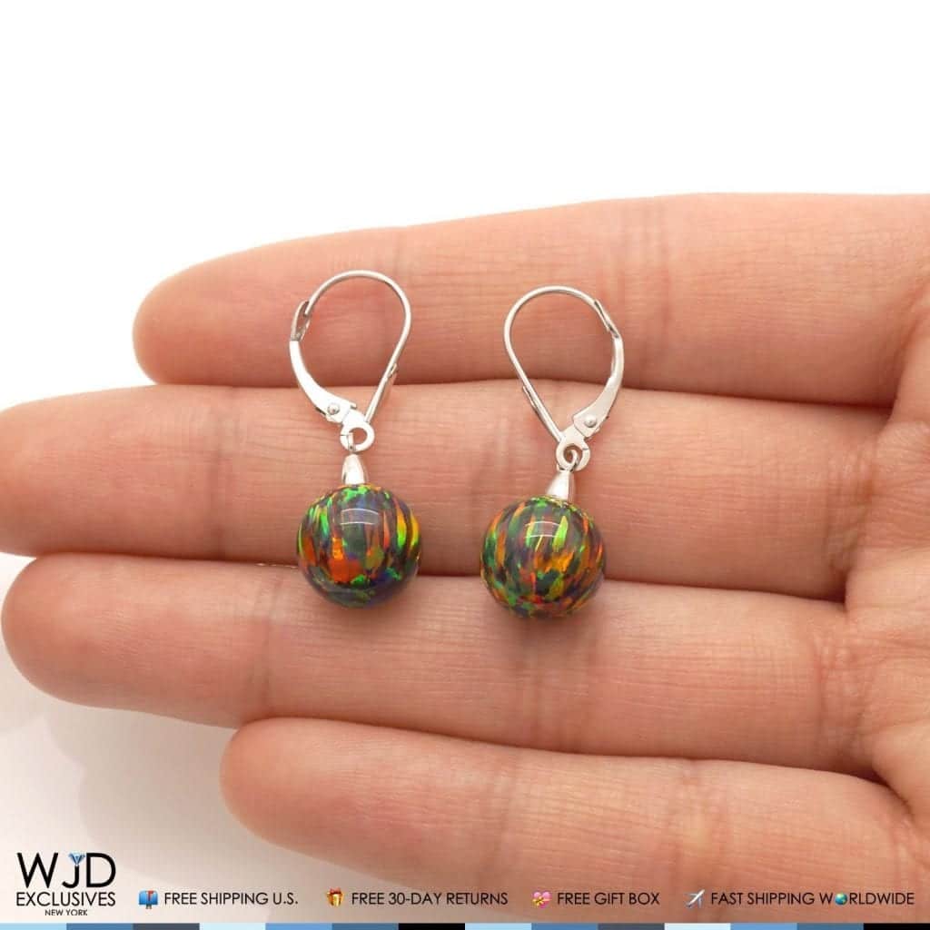 10 mm Ball Shaped Black Fire Opal Dangle Leverback Earrings 14K Solid White Gold