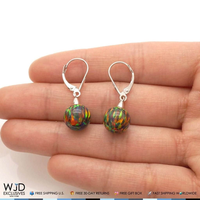 10mm Ball Shaped Black Fire Opal Dangle Leverback Earrings 14K White Gold